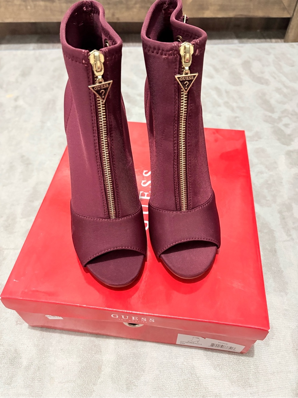 Guess Burgundy Peep-Toe Front-Zip Stretch Booties